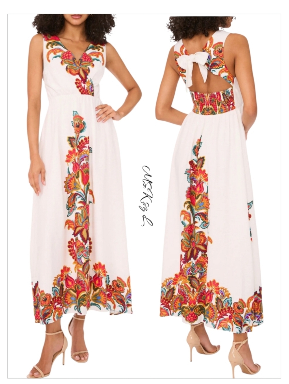 MSK Abstract Floral V-Neck Maxi Dress White Sleeveless Open Back Tie Bow sz L